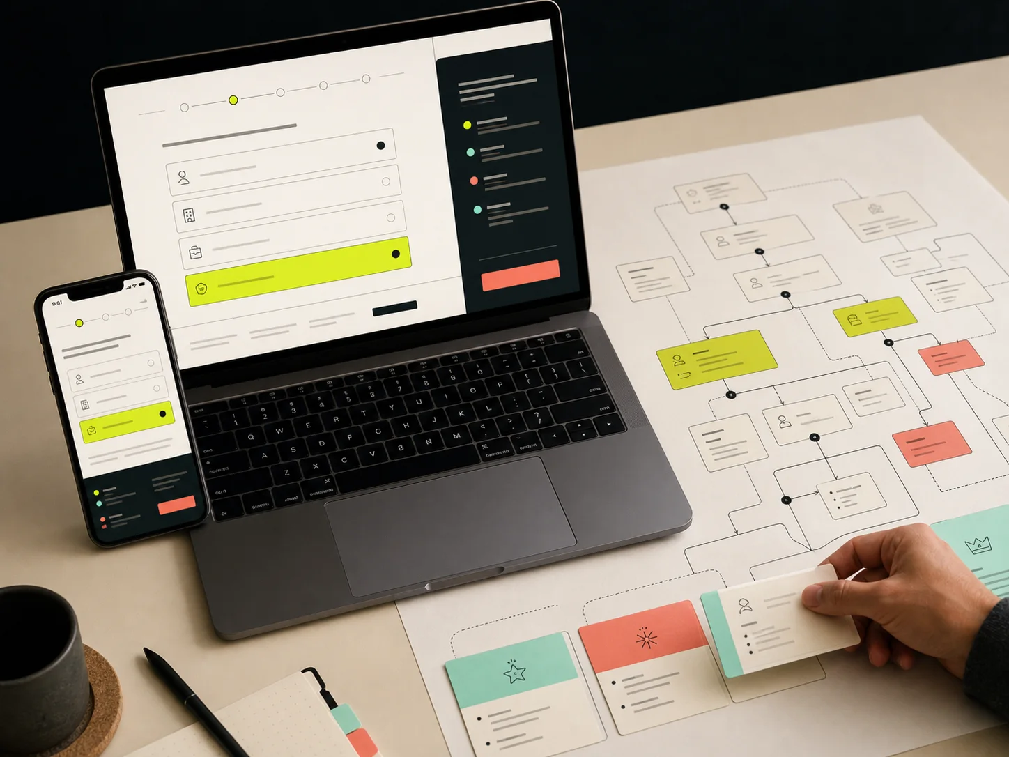 A laptop, phone, and printed decision tree showing a guided-choice system