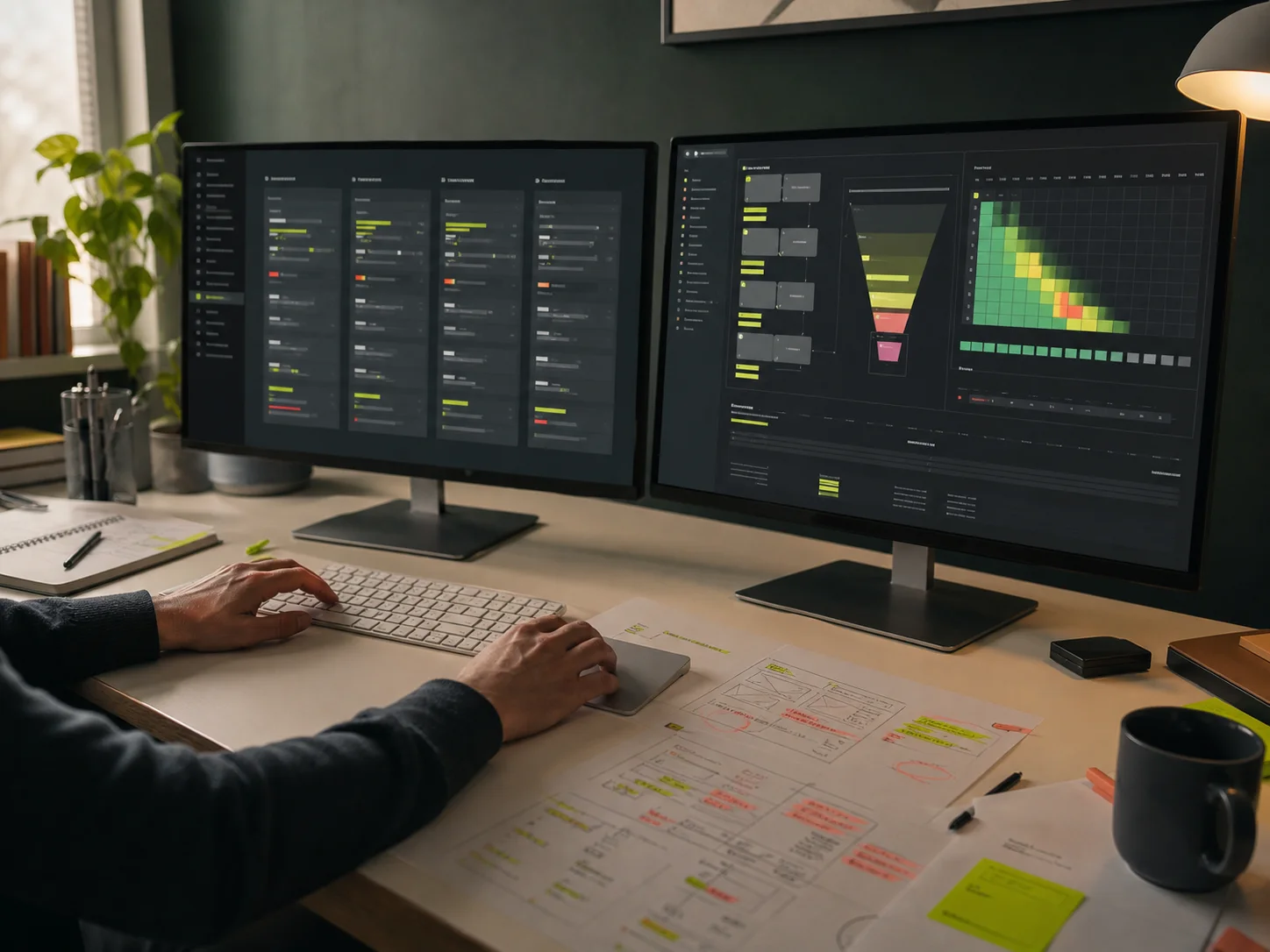 A marketing workstation showing campaigns, a conversion funnel, and cohort retention