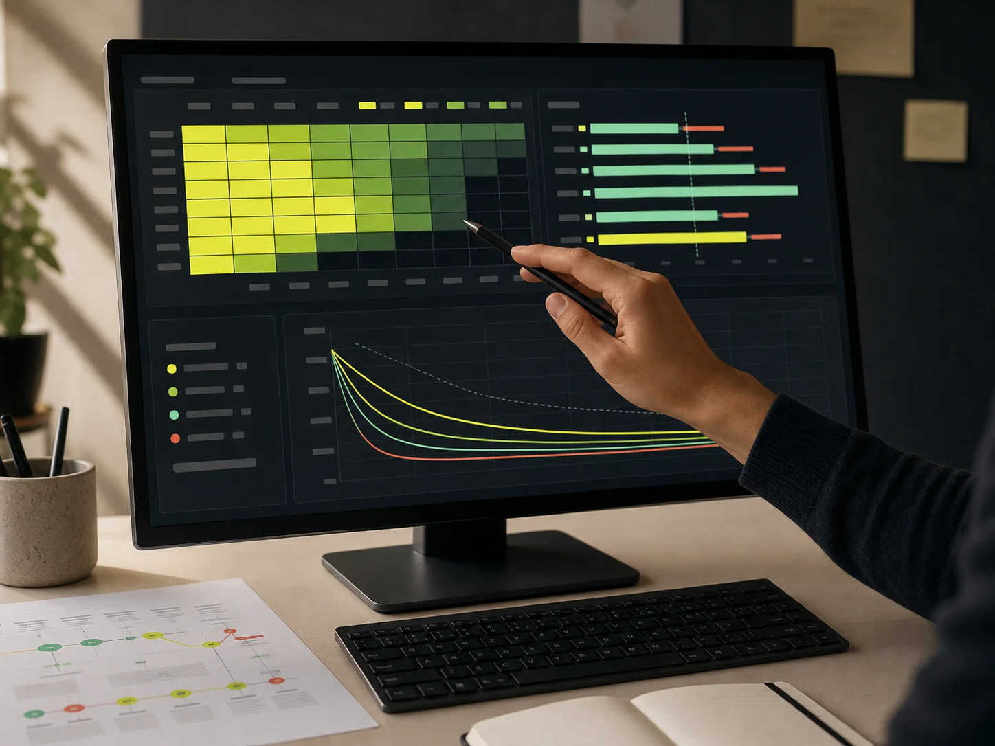 An analyst reviewing cohort retention and activation signals on a desktop monitor